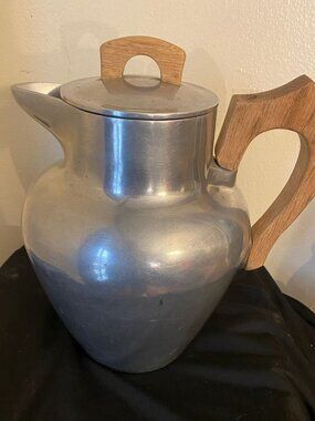 Vintage Mid-Century Modern Aluminum Pitcher | 9" MCM Wood Handle Thermal Carafe